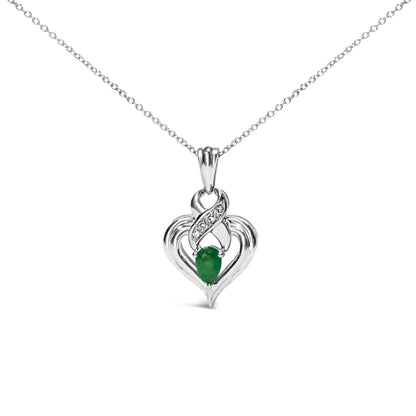 .925 Sterling Silver 6x4mm Pear Emerald and Diamond Accent Heart Pendant Necklace (H-I Color, SI1-SI2 Clarity) - 18 Inches WEM Support (www.WEM.support)