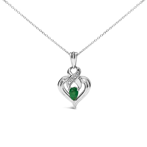 .925 Sterling Silver 6x4mm Pear Emerald and Diamond Accent Heart Pendant Necklace (H-I Color, SI1-SI2 Clarity) - 18 Inches WEM Support (www.WEM.support)