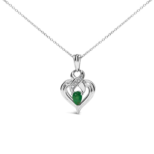 .925 Sterling Silver 6x4mm Pear Emerald and Diamond Accent Heart Pendant Necklace (H-I Color, SI1-SI2 Clarity) - 18 Inches WEM Support (www.WEM.support)