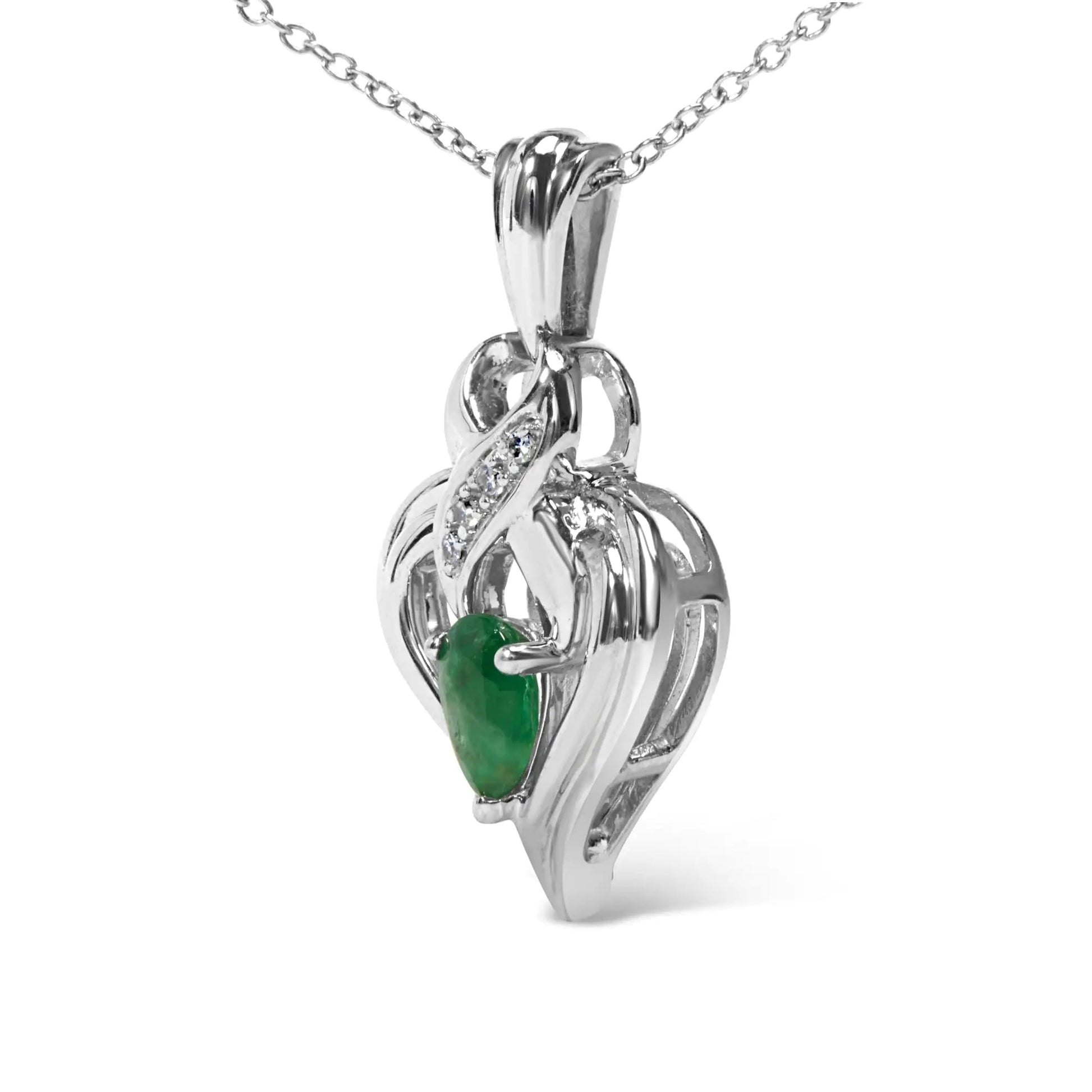 .925 Sterling Silver 6x4mm Pear Emerald and Diamond Accent Heart Pendant Necklace (H-I Color, SI1-SI2 Clarity) - 18 Inches WEM Support (www.WEM.support)
