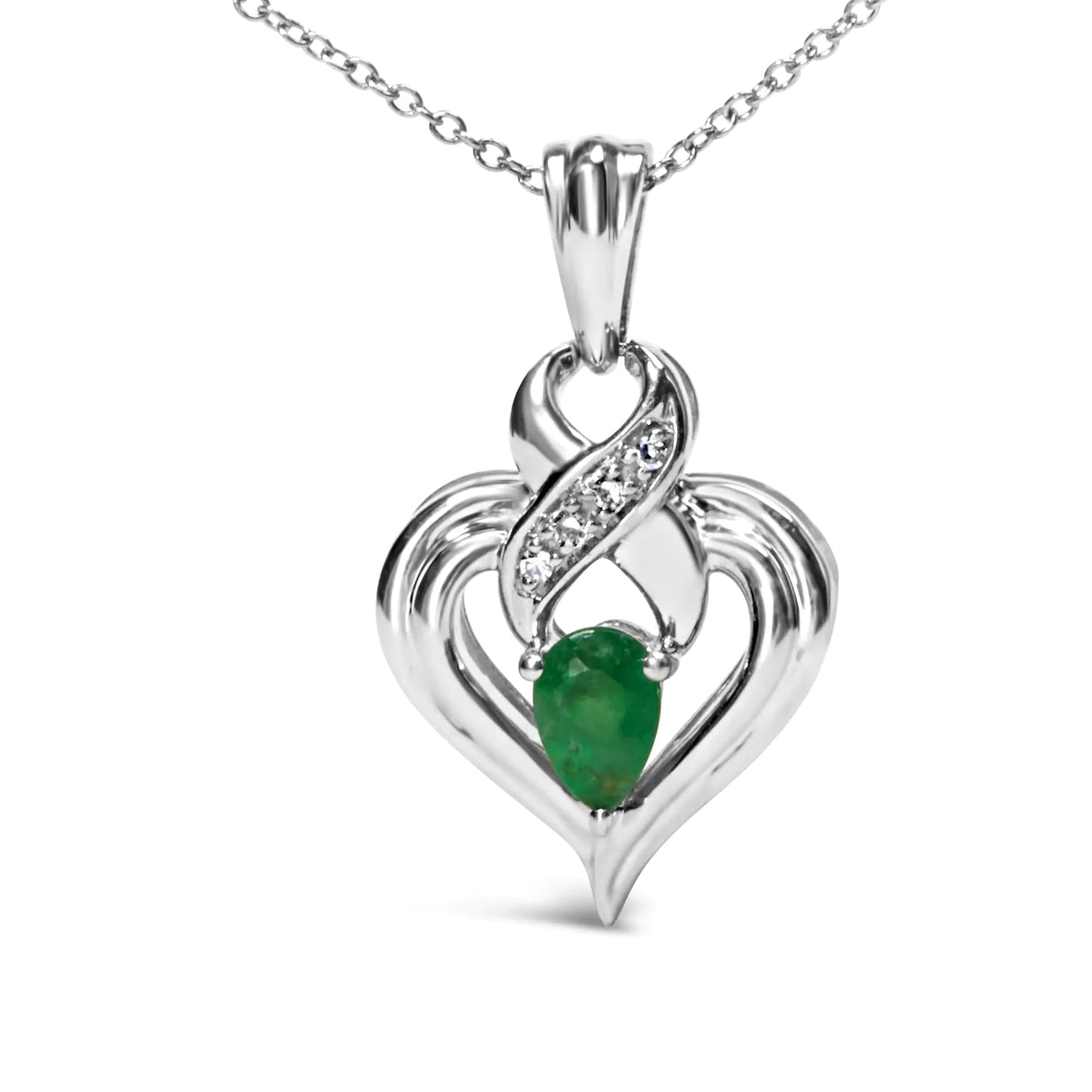.925 Sterling Silver 6x4mm Pear Emerald and Diamond Accent Heart Pendant Necklace (H-I Color, SI1-SI2 Clarity) - 18 Inches WEM Support (www.WEM.support)