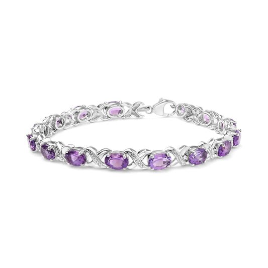 .925 Sterling Silver 7x5mm Oval Amethyst and Diamond Accent X-Link Bracelet (H-I Color, SI1-SI2 Clarity)  - Size 7" WEM Support (www.WEM.support)