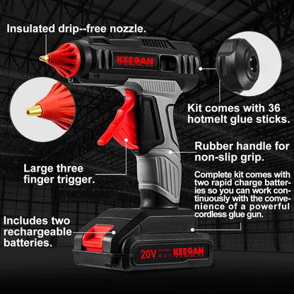 Full Size Cordless Professional 20V Hot Melt Glue Gun Kit Rechargeable 2 Battery WEM Support (www.WEM.support)