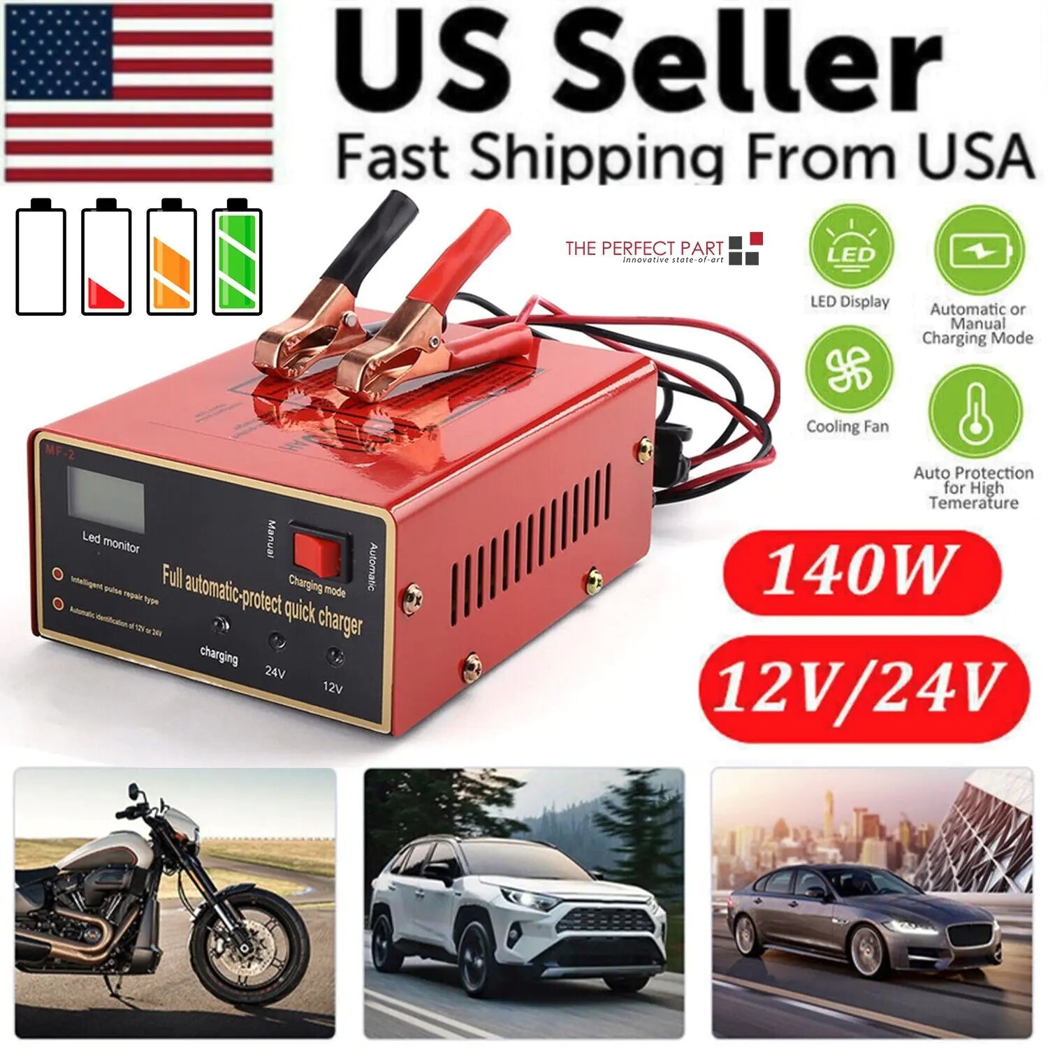 Maintenance Free Battery Charger 12V/24V 10A 140W Output For Electric Car Pro WEM Support (www.WEM.support)