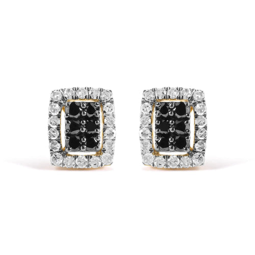 Men's 10K Yellow Gold 1.00 Cttw White and Black Diamond Emerald Shape Halo Stud Earring (Black / I-J Color, I2-I3 Clarity) WEM Support (www.WEM.support)