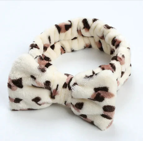 Leopard Print Coral Fleece Workout Hair Band with Bow WEM Support (www.WEM.support)
