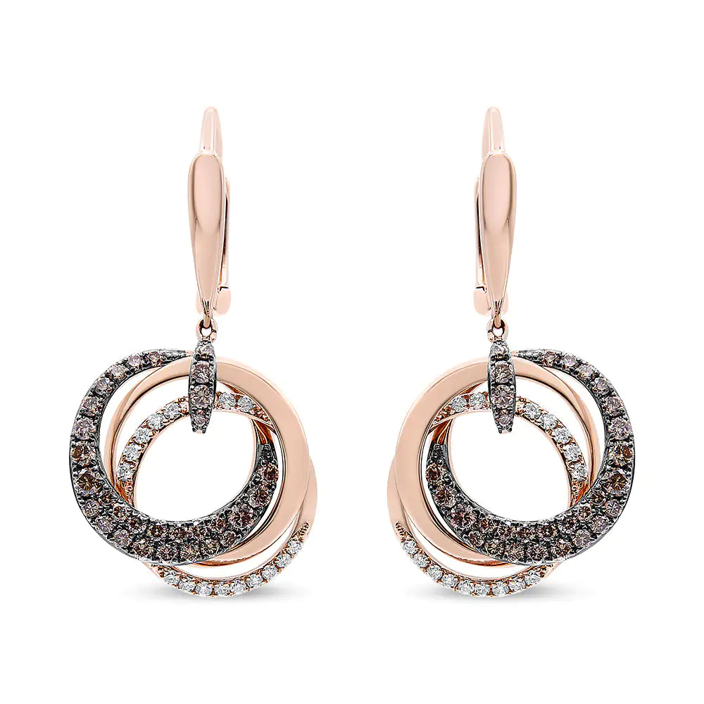 Aros y aretes colgantes circulares entrelazados de diamantes blancos y marrones de 1,00 ct en oro rosa de 14 quilates (color marrón HI, claridad SI1-SI2)