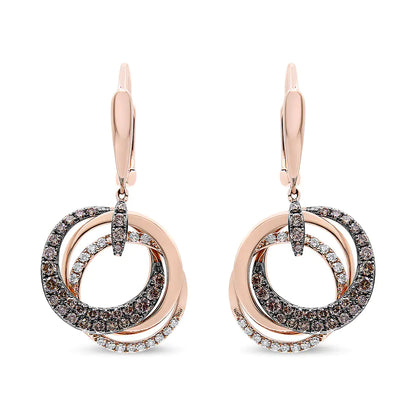 Aros y aretes colgantes circulares entrelazados de diamantes blancos y marrones de 1,00 ct en oro rosa de 14 quilates (color marrón HI, claridad SI1-SI2)