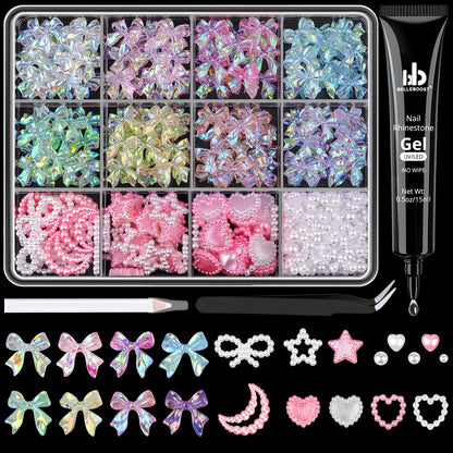 600 Pcs 3D Nail Charms and Flatback Pearls #10, 6 Colors Bow + Pink&White Star Heart Moon Cute Charms + 2-6mm White Pearls for Nail Art Design with Nail Charm Glue(UV Needed) and Pickup Tools Set 11- 8 Colors with Glue 3D Nail Art Set