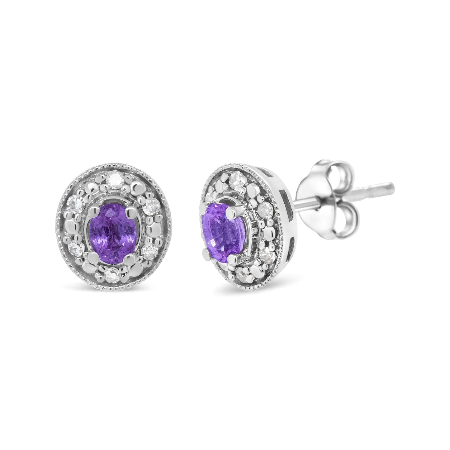 14K White Gold 4x3mm Round Pink Sapphire and 1/10 Cttw Round Diamond Halo Stud Earrings - (I-J Color, SI1-SI2 Clarity)