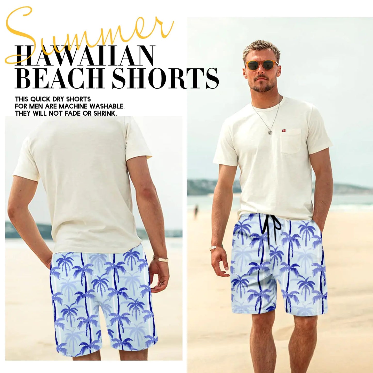 Men's Swim Trunks Hawaiian Bathing Mesh Lining Suit Swimsuits Beach Shorts with Pockets 3X-Large Light Blue-plam Tree