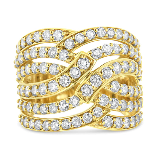 Anillo de cóctel ondulado de oro amarillo de 10 quilates con diamantes de 3,00 quilates y múltiples filas (color JK, claridad I1-I2)