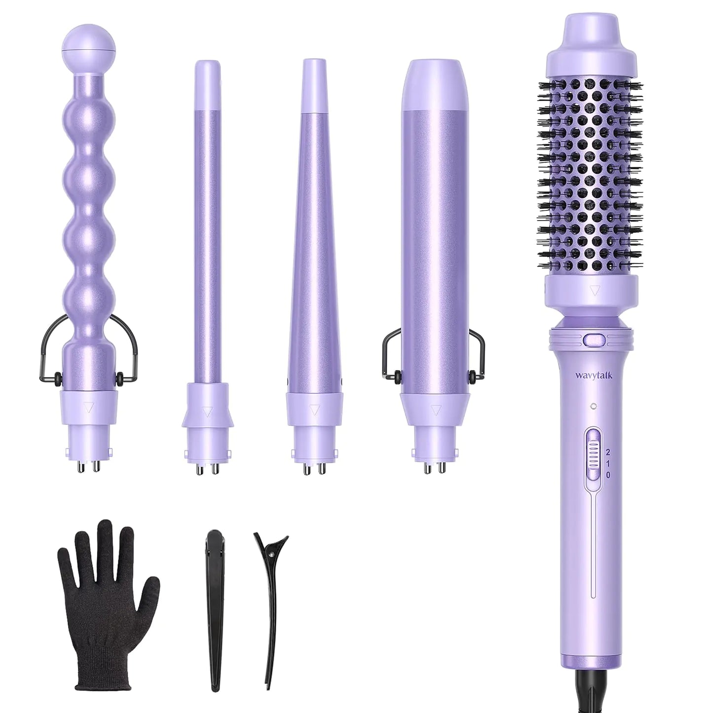 Rizador Wavytalk 5 en 1, set de rizador con cepillo y 4 rizadores de cerámica intercambiables (1,35-3,18 cm), calentamiento instantáneo, incluye guante protector térmico y 2 pinzas (morado). Rizador (1,35-3,18 cm) morado lavanda.