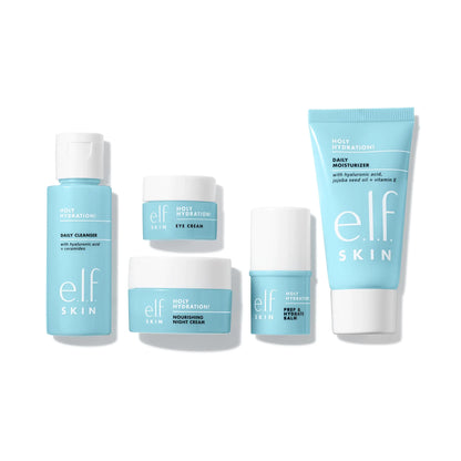 Kit de hidratación Jet Set de Elf, set de cuidado facial hidratante para viajes, incluye limpiador facial, bálsamo, crema hidratante, contorno de ojos y crema de noche. Vegano y sin crueldad animal.