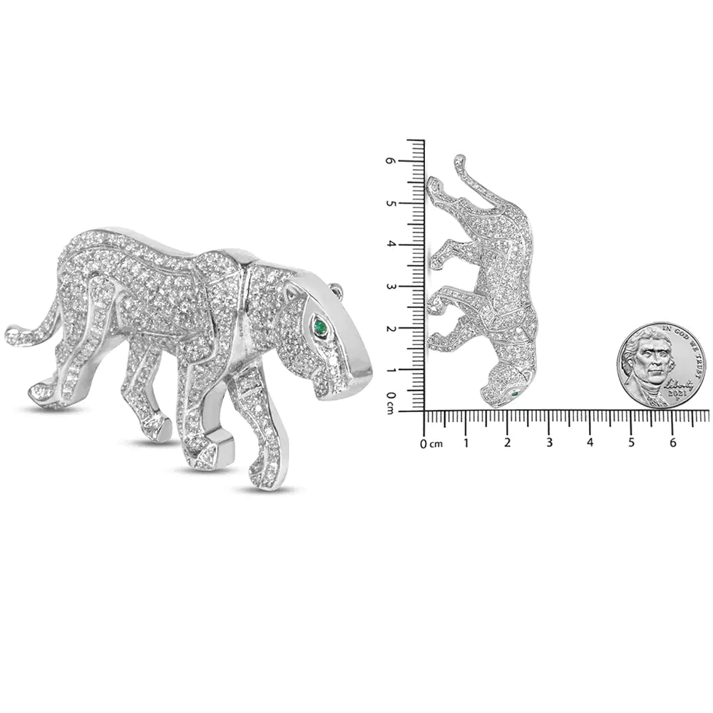 18K White Gold 2mm Green Round Emerald and 2 1/2 Cttw Diamond Panther Brooch Pin (H-I Color, SI1-SI2 Clarity)