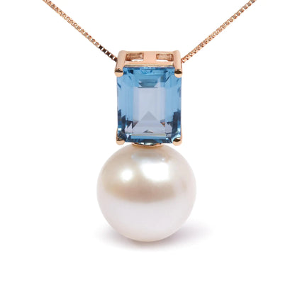 14K Rose Gold 11MM Cultured Freshwater Pearl and 9x7mm Octagon Swiss Blue Topaz Pendant Necklace - 18" Inches