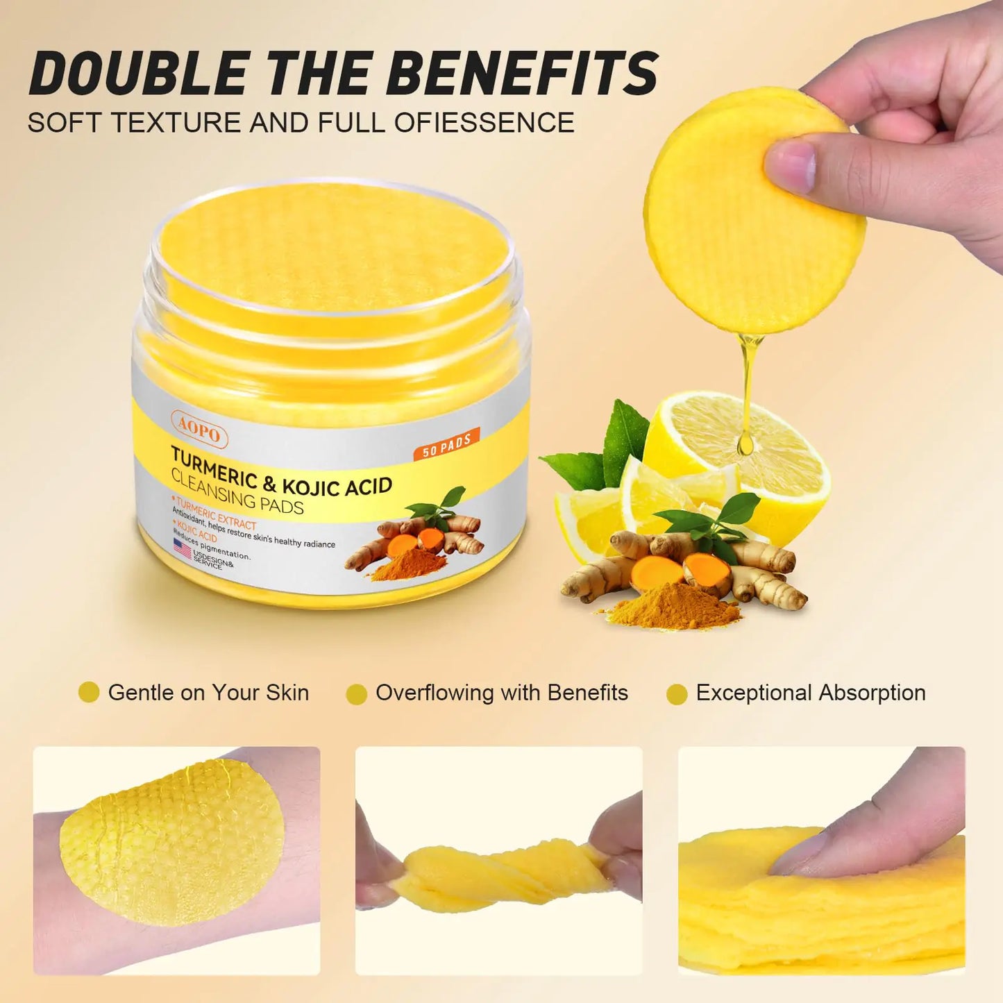 Kojic Acid and Turmeric Cleansing Pads, 50 Pcs, for Face Cleansing and Exfoliation