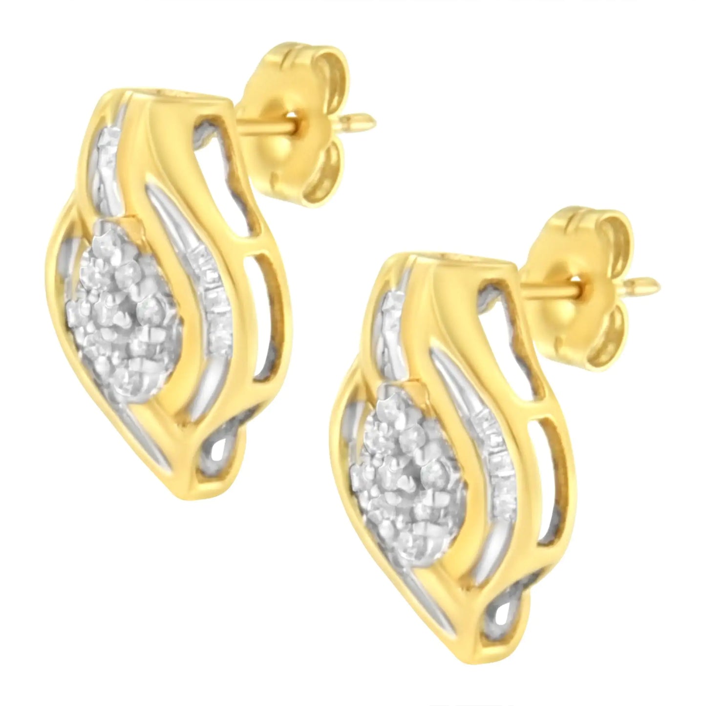 10K Yellow Gold 1/3 cttw Round-Cut Diamond Cluster and Swirl Stud Earrings (J-K Clarity, I2-I3 Color)