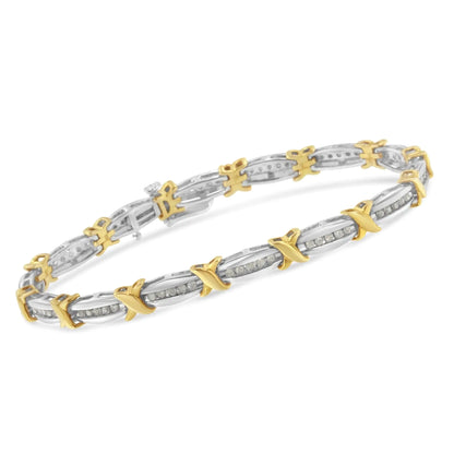 Pulsera de tenis de 18 cm (7"), bicolor, de oro amarillo de 10 quilates sobre plata de ley 0,925, con diamantes de 1,0 ct engastados en canal, de eslabones cónicos y X-Link (color HI, claridad I2-I3)