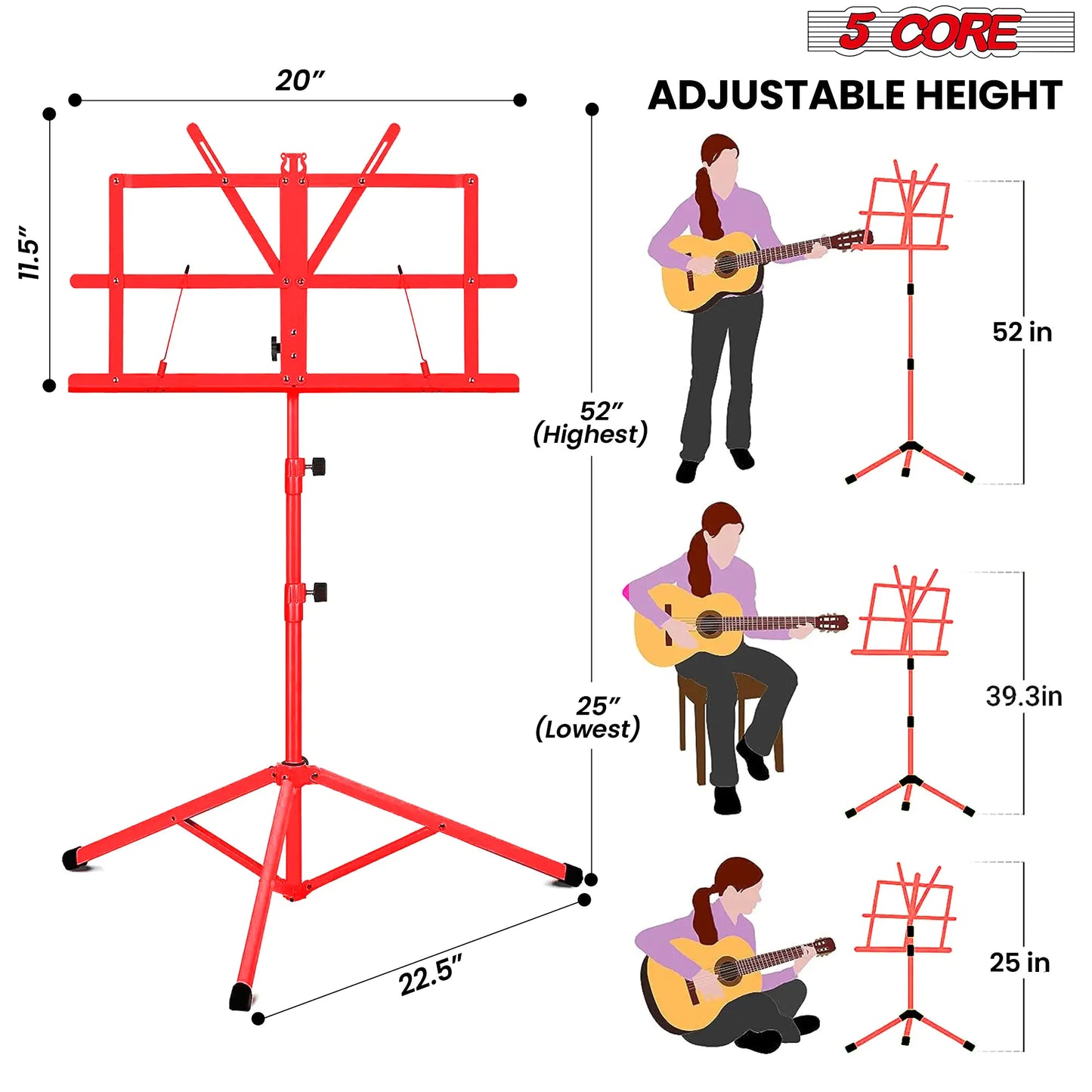 Suporte para Música 5Core para Partituras, Portátil, Tripé Ajustável e Dobrável com Porta-notas VERMELHO