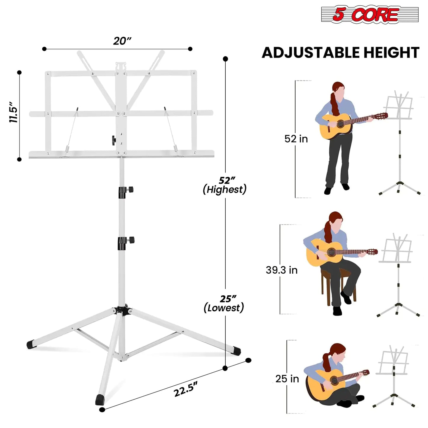 Soporte de Música 5Core para Partituras Portátil Tripé Ajustável Dobrável Porta-Notas BRANCO