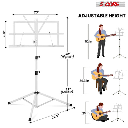 Soporte de Música 5Core para Partituras Portátil Tripé Ajustável Dobrável Porta-Notas BRANCO