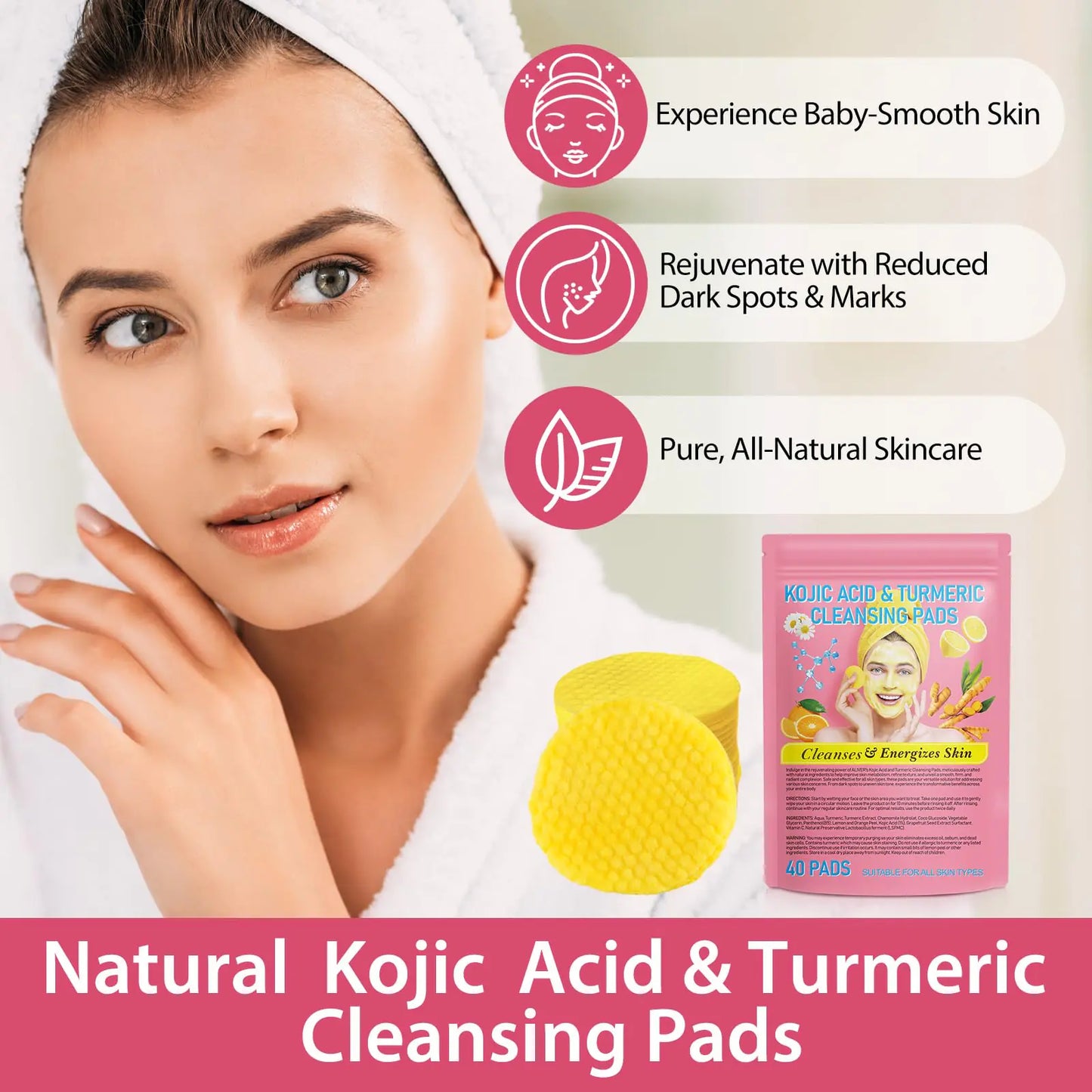 Turmeric Kojic Acid Cleansing Pads, Kojic Acid And Turmeric Cleansing Pads Helps Balance Skin Oil And Water, Remove Excess Keratin From The Body'S Skin, 40PCS 40 Count (Pack of 1)