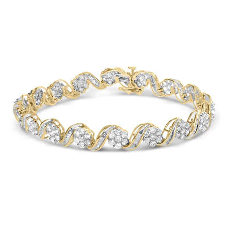 10k Yellow Gold 5.00 Cttw Round-Cut and Baguette-Cut Diamond Floral Link 7.25" Bracelet (I-J Color, I2-I3 Clarity)