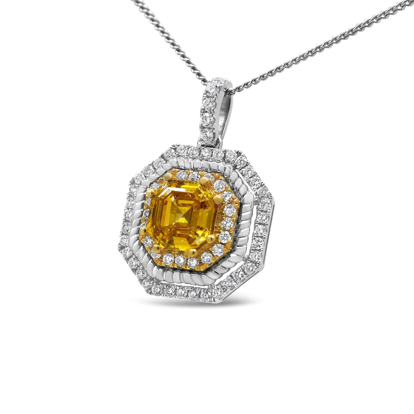 18K Weiß- und Gelbgold 2 1/4 Cttw Laborgezüchteter Gelber Asscher Schliff Diamant Art Deco Stil Halo 18" Anhänger Halskette（Gelb/GH Farbe、VS1-VS2 Reinheit）