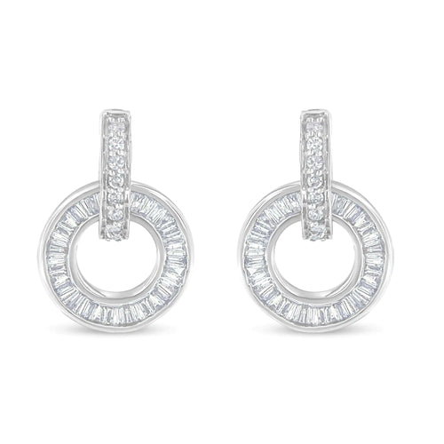 Aretes de oro blanco de 14 k con diamantes de talla baguette y redonda (1 ctw, color GH, claridad SI1-SI2)