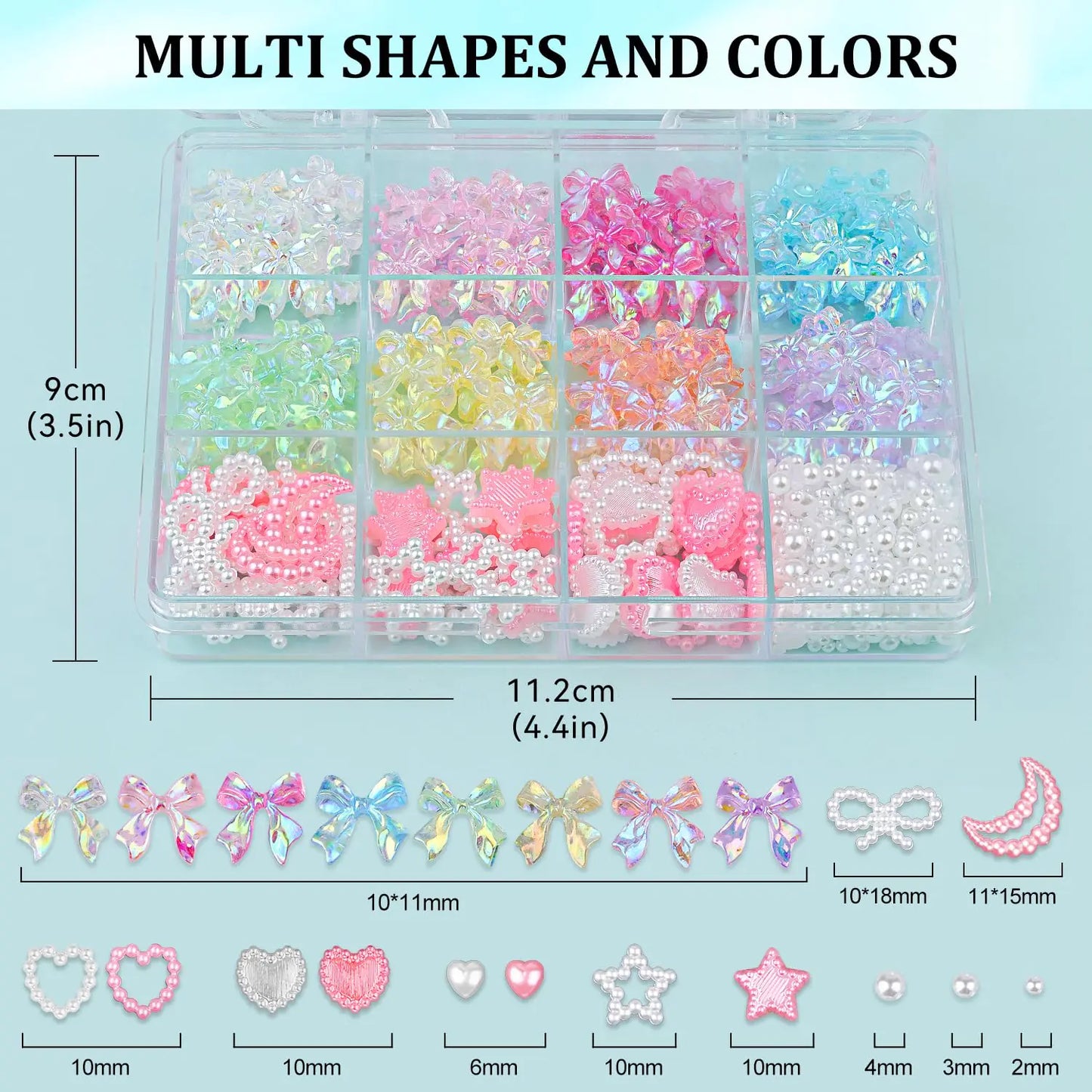 600 Pcs 3D Nail Charms and Flatback Pearls #10, 6 Colors Bow + Pink&White Star Heart Moon Cute Charms + 2-6mm White Pearls for Nail Art Design with Nail Charm Glue(UV Needed) and Pickup Tools Set 11- 8 Colors with Glue 3D Nail Art Set