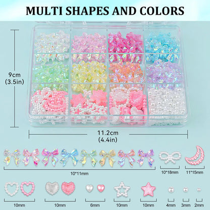 600 Pcs 3D Nail Charms and Flatback Pearls #10, 6 Colors Bow + Pink&White Star Heart Moon Cute Charms + 2-6mm White Pearls for Nail Art Design with Nail Charm Glue(UV Needed) and Pickup Tools Set 11- 8 Colors with Glue 3D Nail Art Set