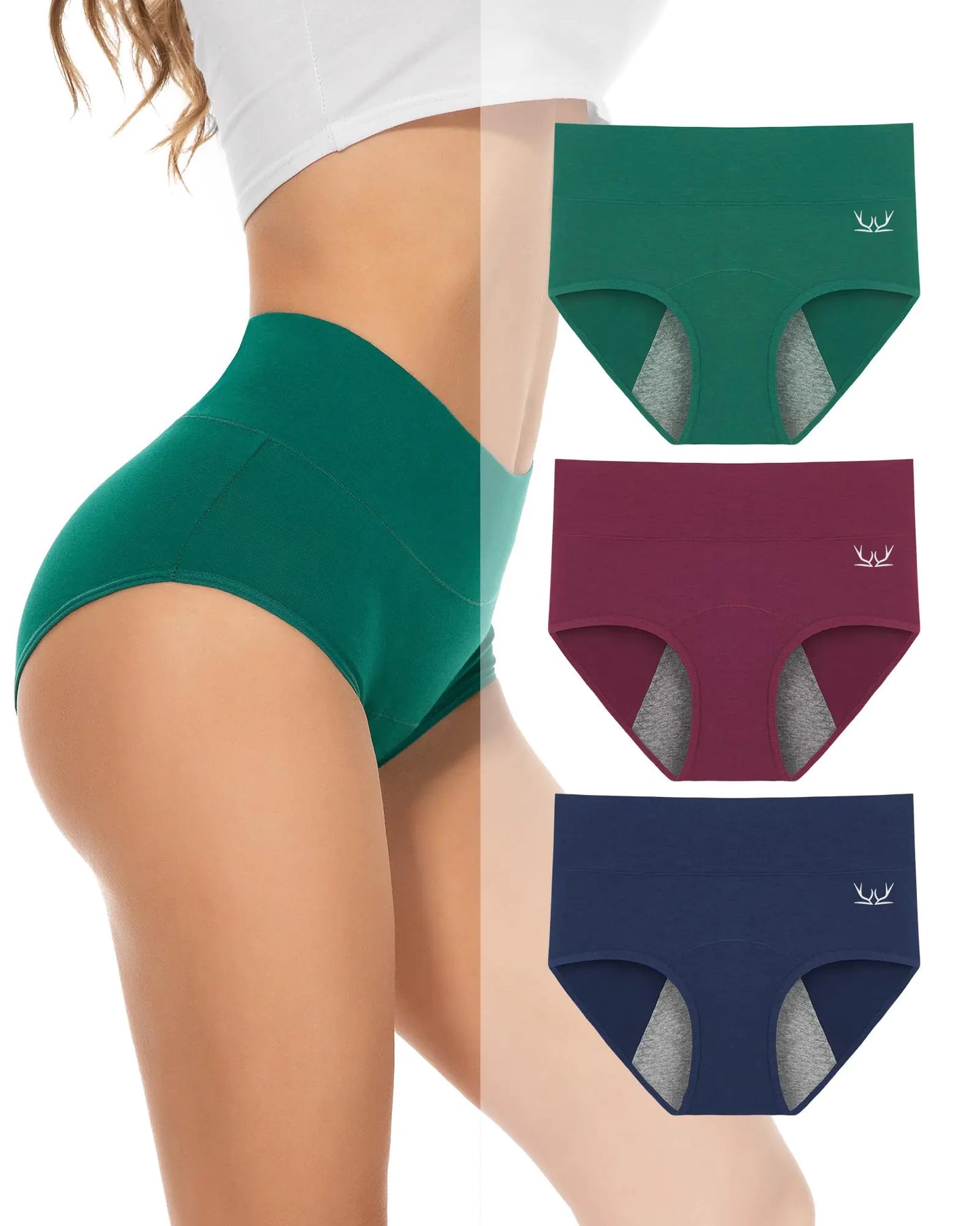 PULIOU - Bragas menstruales de cintura alta para mujer con flujo abundante, paquete de 3, de algodón, estilo hipster posparto, color negro, azul oscuro, burdeos, verde oscuro, talla mediana