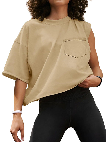 ATHMILE Camisetas de manga corta para mujer, estilo oversize, para entrenamiento, informales, con hombros caídos, dobladillo vuelto, básicas, holgadas, color caqui claro medio