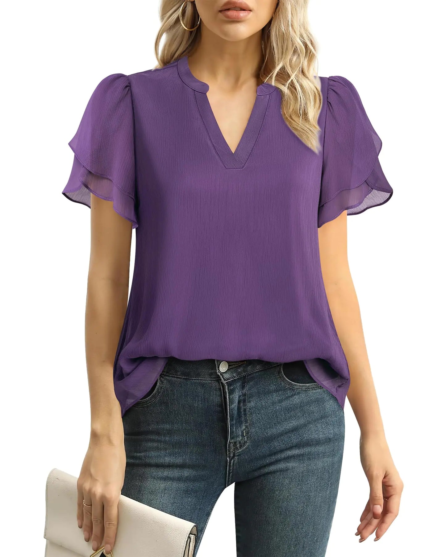 Blusas elegantes de gasa Lotusmile para mujer, de verano, con pétalos abullonados, de manga corta, cuello en V, informales, para el trabajo, color morado medio