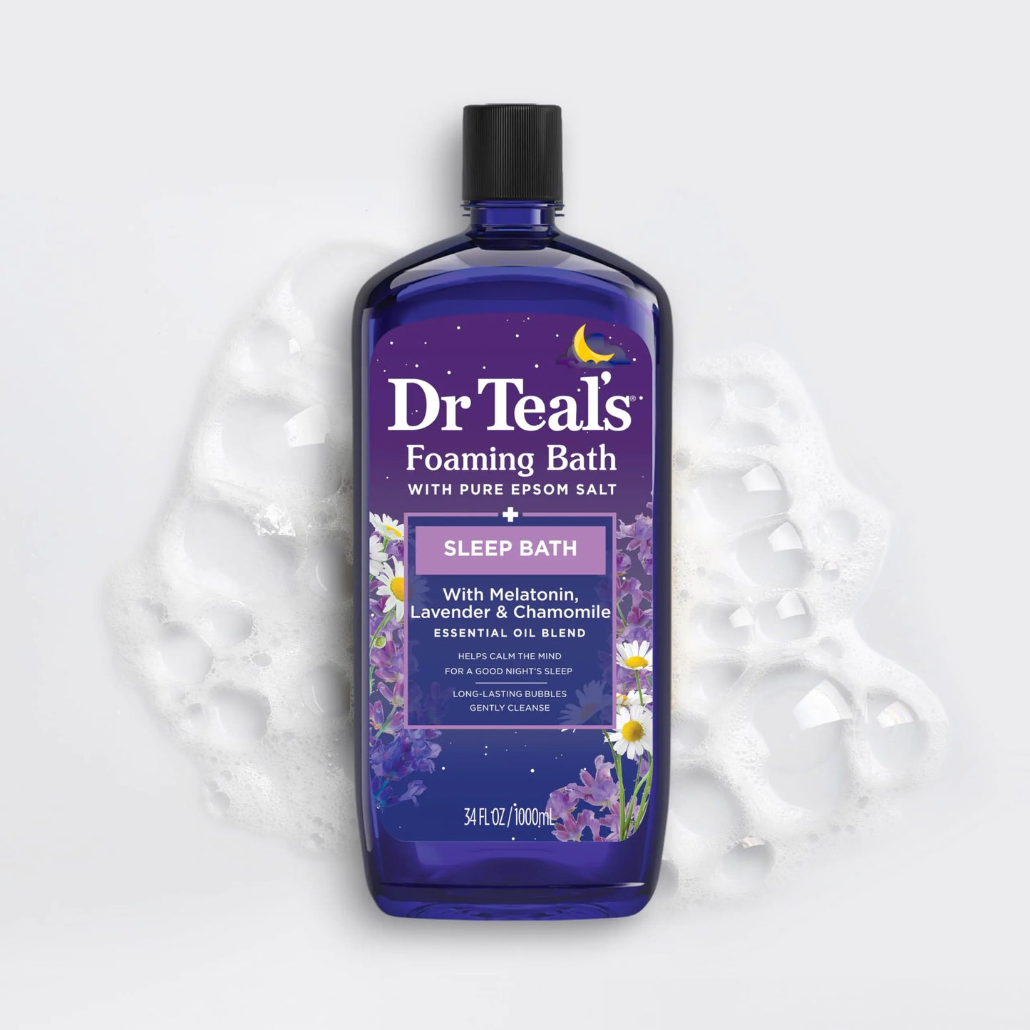 Baño espumoso Dr. Teal's con sales de Epsom puras, mezcla para dormir con melatonina, aceites esenciales de lavanda y manzanilla, 947 ml (paquete de 4) (el empaque puede variar)