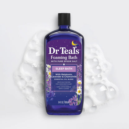 Dr Teal's Foaming Bath med rent Epsom-salt, søvnblanding med melatonin, lavendel og kamille-essensielle oljer, 34 Fl Oz (pakke med 4) (emballasjen kan variere)