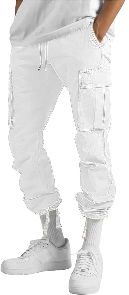 HUNGSON Mens Cargo Pants Casual Hiking Pants Joggers Athletic Pants Cotton Loose Straight Sweatpants for Men 28 White