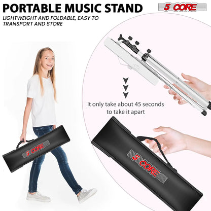 Suporte de Música 5Core para Partituras de Música Portátil com Tripé Ajustável e Dobrável, Suporte para Notas Mais Alto Branco