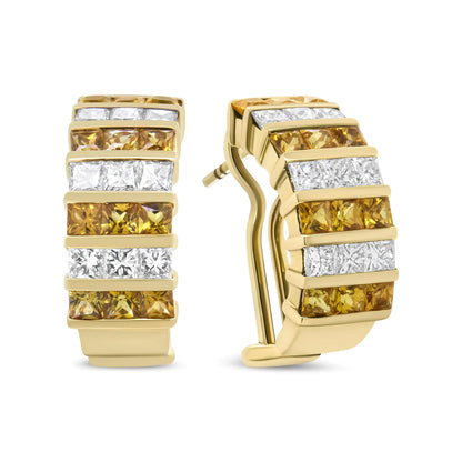 18K Yellow Gold 1 3/4 Cttw Invisible Set Princess Cut Diamond and 2.5mm Yellow Sapphire Huggie Hoop Earrings (F-G Color, VS1-VS2 Clarity)