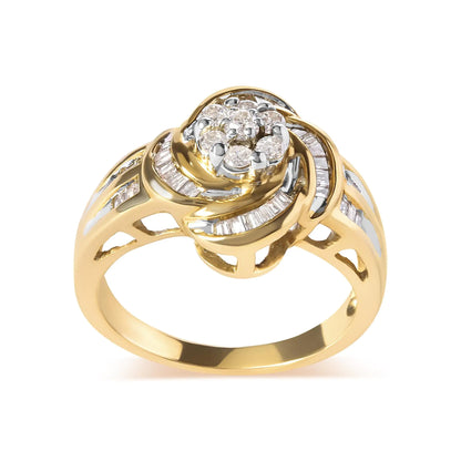 10K Yellow Gold 1/2 Cttw Round and Baguette Diamond Flower Swirl Cocktail Ring (I-J Color, SI2-I1 Clarity)