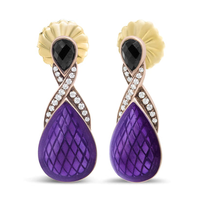 Aretes colgantes de plata de ley 925 con baño de oro rosa de 18 quilates y esmalte morado con diamantes redondos engastados en pavé de 1/5 ct y ónix negro en forma de pera de 5,5 x 4 mm (color FG, claridad VS1-VS2)