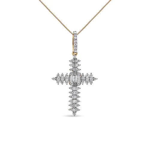 10K Yellow Gold 7/8 Cttw Round & Baguette Diamond Zigzag Pattern Cross Pendant Necklace (H-I Color, SI2-I1 Clarity) - NO CHAIN INCLUDED