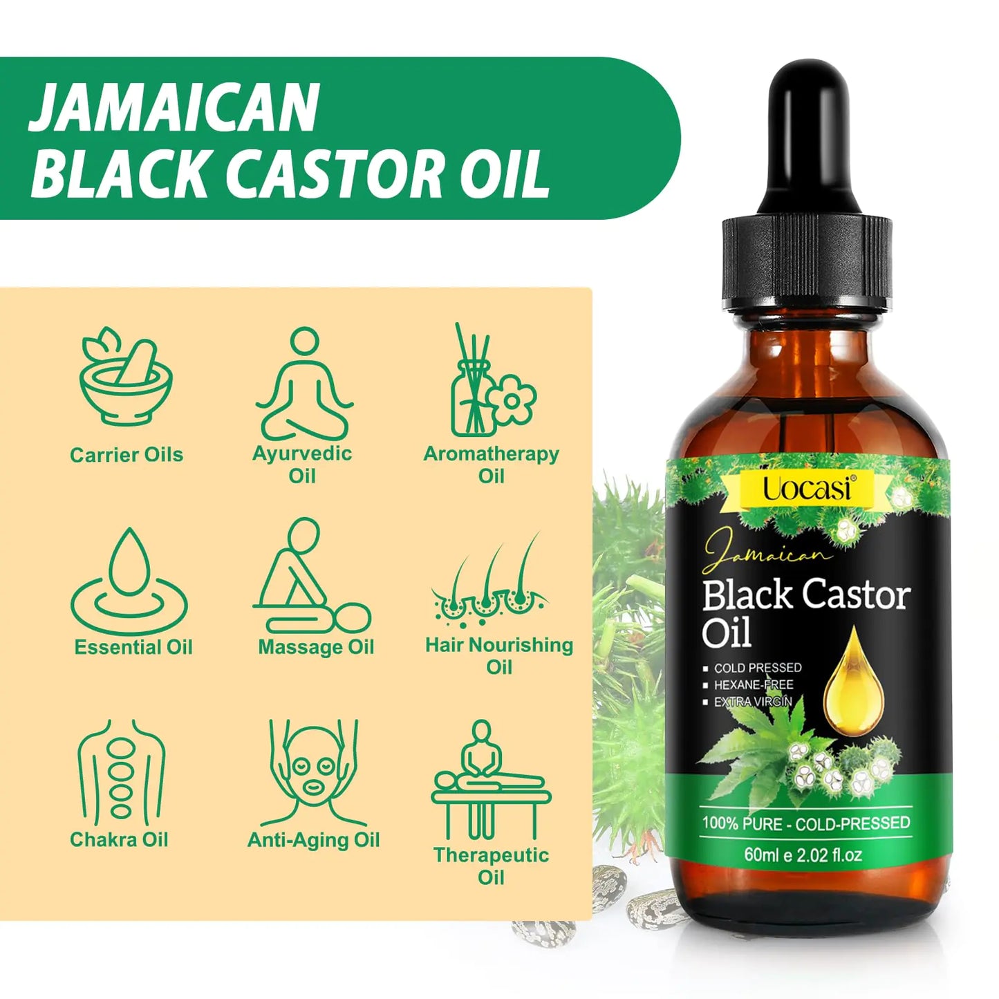 Aceite de ricino negro de Jamaica: 100 % puro y orgánico, prensado en frío en botellas de vidrio para el crecimiento del cabello, la nutrición de las cejas y la hidratación de la piel.