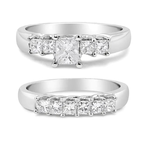 14K hvitt gull 1 1/2 Cttw 5 Stone Princess Diamond forlovelsesringsett (HI Color, SI2-I1 Clarity)