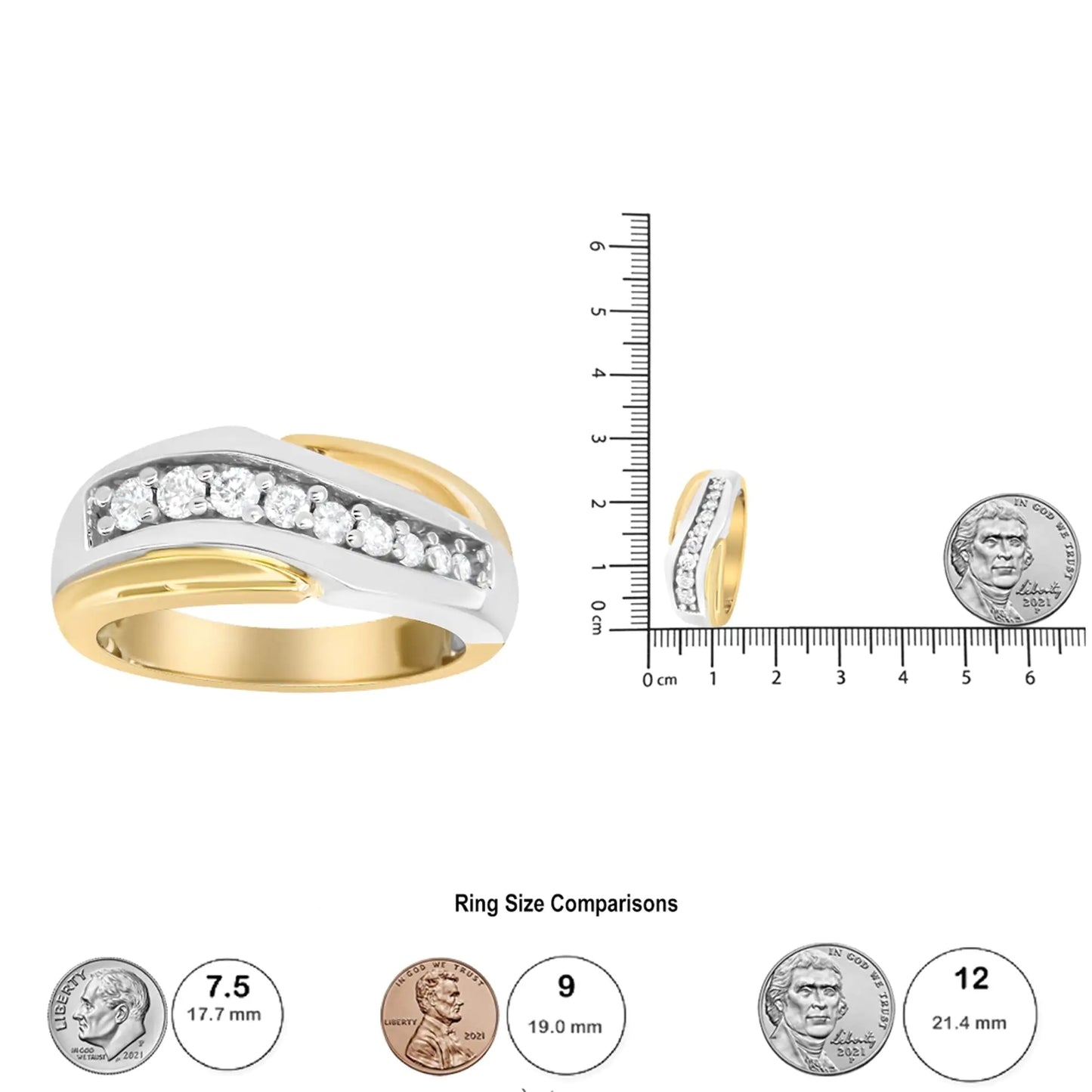 14K gult og hvitt gull 1/2 Cttw rundskåret diamant klassisk herrebånd (HI-farge, I1-klarhet) - størrelse 10