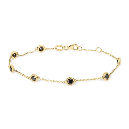 Pulsera de oro rosa de 14 quilates con diamantes negros engastados en bisel y eslabones de 7 estaciones (color negro, claridad I2-I3) - 7,5"