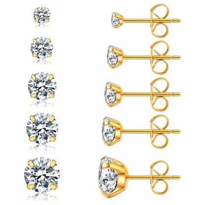 5 Pairs Stud Earrings Set, Hypoallergenic Cubic Zirconia 316L Earrings Stainless Steel CZ Earrings 3-8mm (Steel color) A-002-gold