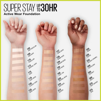 Base de maquillaje líquida Maybelline Super Stay Full Coverage Active Wear, hasta 30 horas de duración, se transfiere, resistente al agua y al sudor, acabado mate, color caramelo, 1 unidad, 330 TOFFEE, 1 onza líquida (paquete de 1)