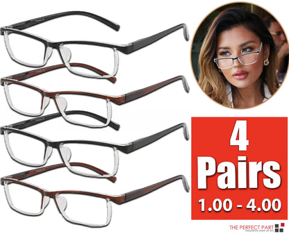 4 Pack Reading Glasses Readers Men Women Square Frame Spring Hinge Unisex Pairs